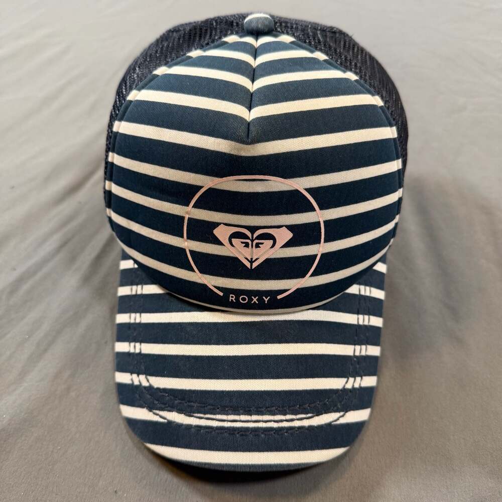 Roxy Striped Trucker Hat Snapback Navy White Mesh Beach Surf Cap OS